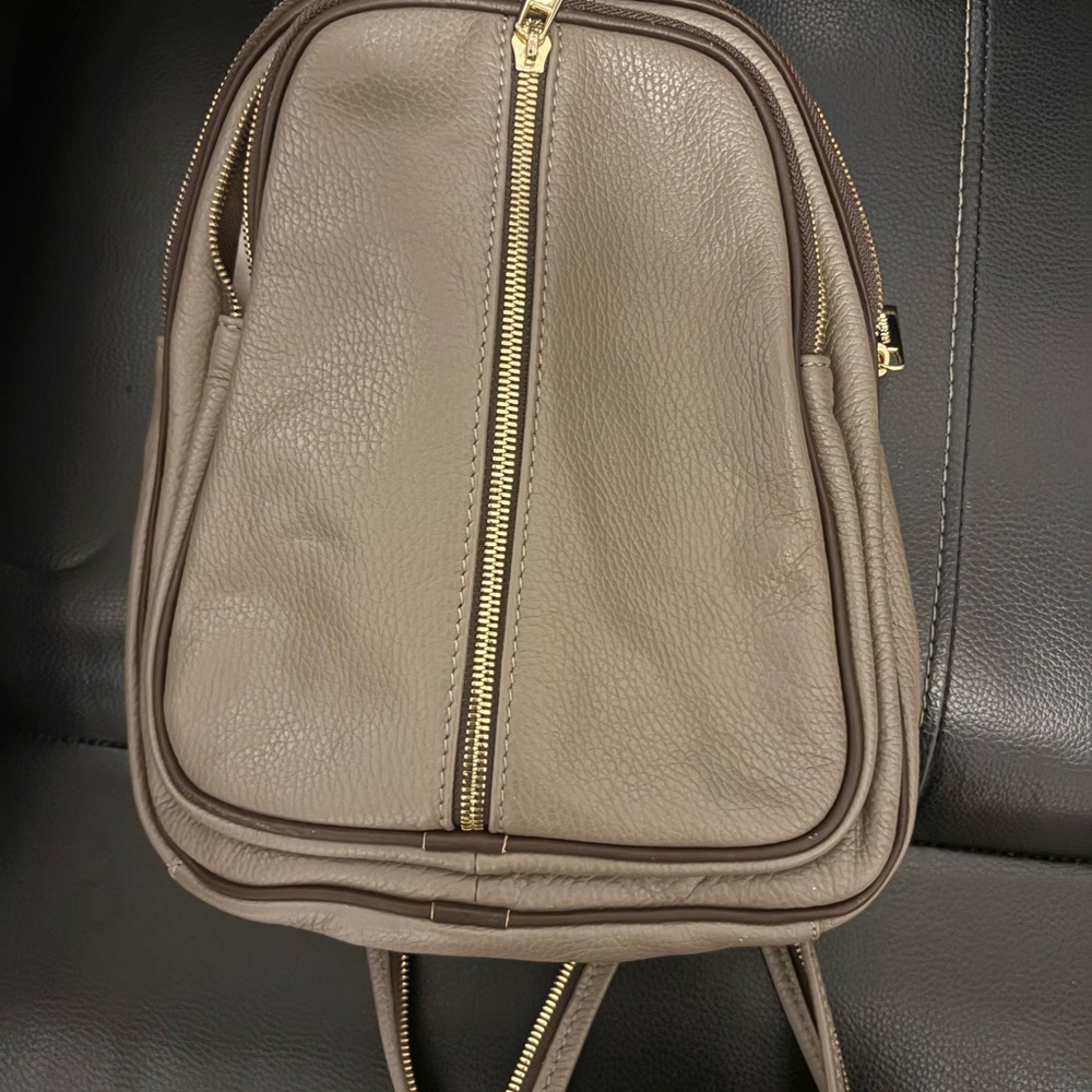 Taupe Leather Backpack with Gold Zippers